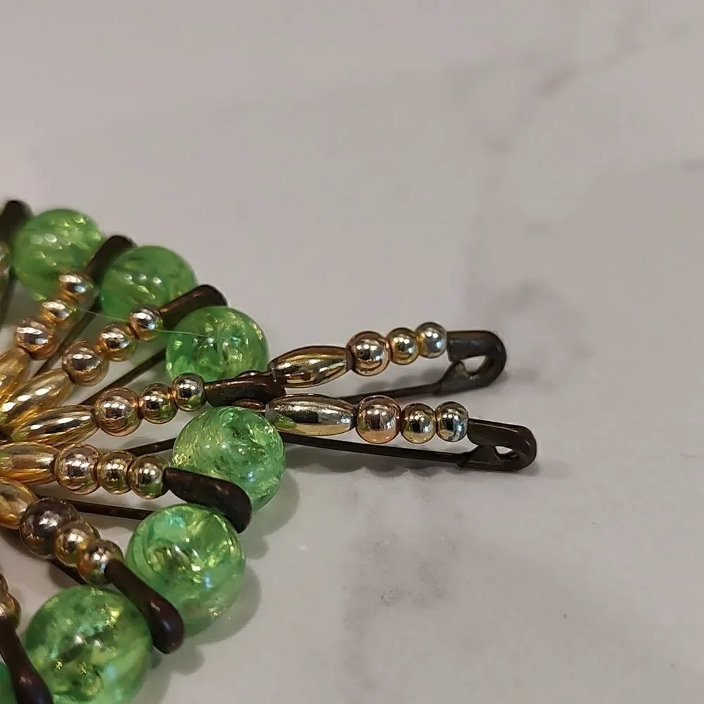 Vintage Safety Pin Art Green and Gold Bead Pendant/Brooch